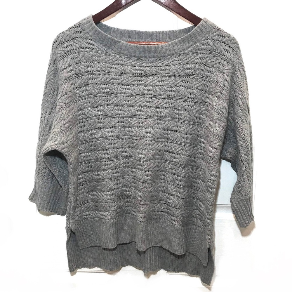 DKNYC grey angora blend 3/4 sleeve honeycomb cable knit sweater